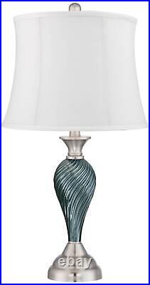 Table Lamps Set of 2 Green Blue Glass Cream Fabric Drum Shade Living Room