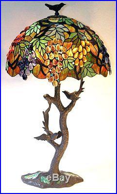 Tiffany Grapes & Leaves With Birds Ambers Green New Stained Glass Table Lamp