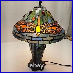 Tiffany Stained Glass Dragonfly Table Lamp With Cabochons & Stained Glass Base