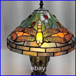 Tiffany Stained Glass Dragonfly Table Lamp With Cabochons & Stained Glass Base