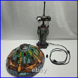 Tiffany Stained Glass Dragonfly Table Lamp With Cabochons & Stained Glass Base