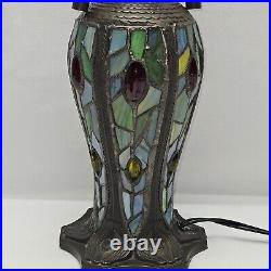 Tiffany Stained Glass Dragonfly Table Lamp With Cabochons & Stained Glass Base