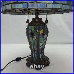 Tiffany Stained Glass Dragonfly Table Lamp With Cabochons & Stained Glass Base