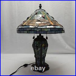 Tiffany Stained Glass Dragonfly Table Lamp With Cabochons & Stained Glass Base