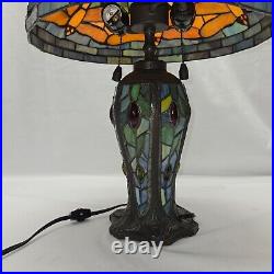 Tiffany Stained Glass Dragonfly Table Lamp With Cabochons & Stained Glass Base