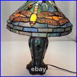 Tiffany Stained Glass Dragonfly Table Lamp With Cabochons & Stained Glass Base