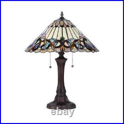 Tiffany Style 2 Light Table Lamp Gold with Jewels Stain Glass Antique Brass Finish
