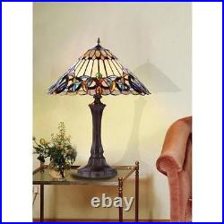 Tiffany Style 2 Light Table Lamp Gold with Jewels Stain Glass Antique Brass Finish