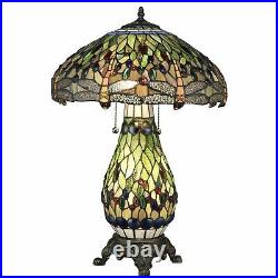 Tiffany Style 3 Light Table Lamp Dragonfly withGreen Yellow Stained Glass Lit Base