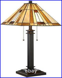 Tiffany Style Accent Table Lamp Mission Bronze Amber Art Glass for Living Room