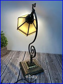 Tiffany Style Adjustable Shade Desk Table Lamp Stained Glass Brass Finish 19