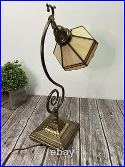 Tiffany Style Adjustable Shade Desk Table Lamp Stained Glass Brass Finish 19