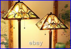 Tiffany Style Amber Floral Table and Floor Lamp Set Handcrafted 16 Shade NEW