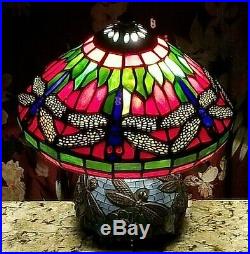 Tiffany Style Bronze Table Lamp Stained Glass Dragonfly Mosaic Base 10 inch