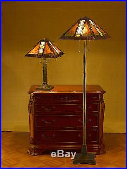 Tiffany Style Brown and Beige Mission Table and Floor Lamp Set 16 Shade