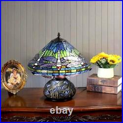 Tiffany Style Deep Blue Dragonfly Stained Glass Table Lamp Elegant Mosaic Base