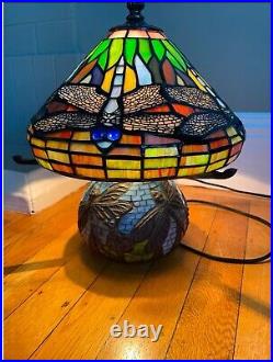 Tiffany Style Deep Blue Dragonfly Table Lamp Inlaid Glass Elegant Mosaic Base