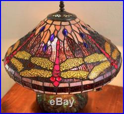 Tiffany Style Dragonfly Lamp Cut Stained Glass Reading Table Green Mosaic Base