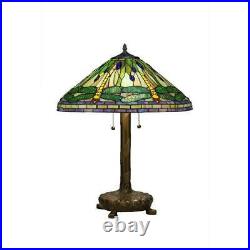 Tiffany Style Dragonfly Table Lamp Green Stained Glass Metal Base Bronze Finish