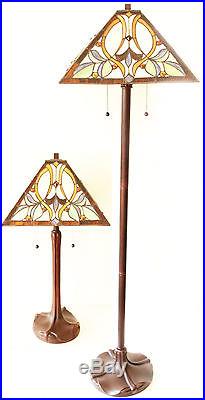 Tiffany Style Floral Motif Table and Floor Lamp Set 16 Shade