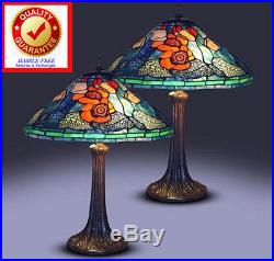 Tiffany Style Golden Poppy Table Lamps (Set Of 2) 16in Handcrafted Stained Glass