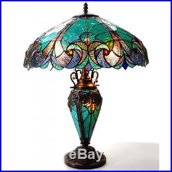 Tiffany Style Halston Light Turquoise Amber Art Glass Table Lamp Double Lit 2+1