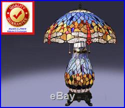 Tiffany Style Lamp Stained Glass Table & Desk Dragonfly Accent Lighted Base New