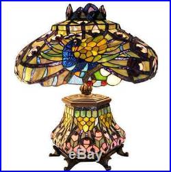 Tiffany Style Lantern Table / Desk Reading Lamp Yellow Peacock Stained Glass