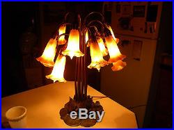 Tiffany Style Lilly Pad Lamp Table Lamp-Blown Glass 12 Shades 1930'S MARKED 21'