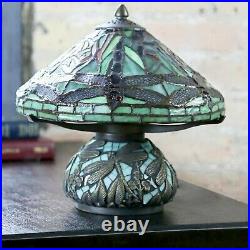 Tiffany Style Red Dragonfly Accent Green Stained Glass Table Lamp with Mosaic Base