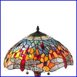 Tiffany Style Red Dragonfly Bronze Stained Art Glass Vintage Table Shade Lamp