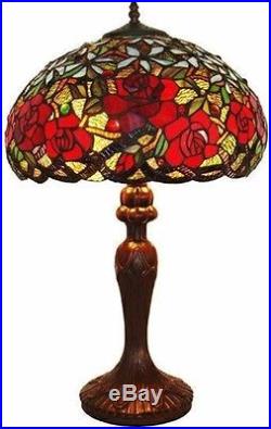 Tiffany Style Red Roses Copper Table Lamp Desk Lamps Decorative Glass Shade NEW
