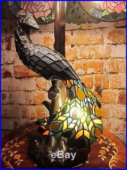 Tiffany Style Stain Glass Peacock Night & Day Table Lamp 27 Inches High