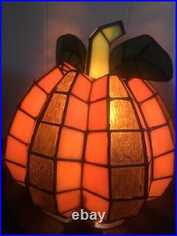 Tiffany Style Stained Glass Accent Lamp Orange Pumpkin Leaves + Stem 9