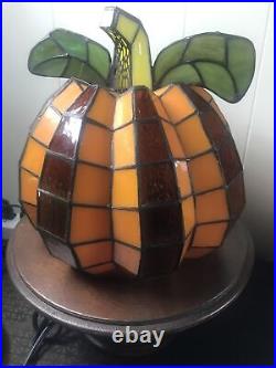 Tiffany Style Stained Glass Accent Lamp Orange Pumpkin Leaves + Stem 9