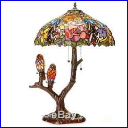 Tiffany Style Stained Glass Art Copper Finish Antique with Birds Accent Table Lamp