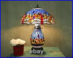 Tiffany Style Stained Glass Blue Dragonfly Table Lamp WithIlluminated Base New