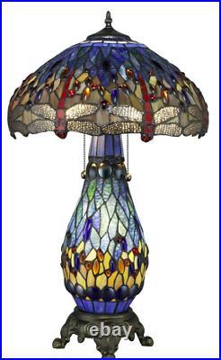 Tiffany Style Stained Glass Blue Dragonfly Table Lamp WithIlluminated Base New