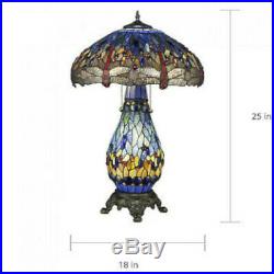 Tiffany Style Stained Glass Dragonfly Accent Reading Table Lamp with Lighted Base