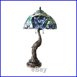 Tiffany Style Stained Glass Floral Shade Table Lamp Peacock Handcrafted 31