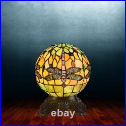 Tiffany Style Stained Glass Mini Globe Dragonfly Table Lamp With Antique Base