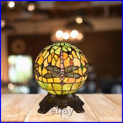 Tiffany Style Stained Glass Mini Globe Dragonfly Table Lamp With Antique Base