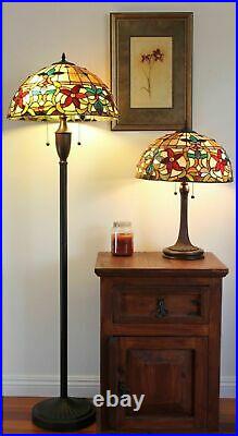 Tiffany Style Stained Glass Red Floral Table And Floor Lamp Set Handcrafted New