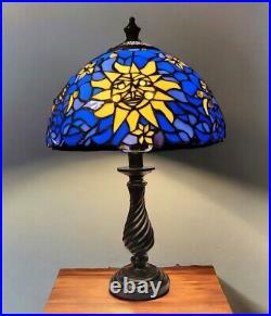 Tiffany Style Stained Glass Sun Moon & Stars Table Lamp 18.5 Tall Hippie Boho