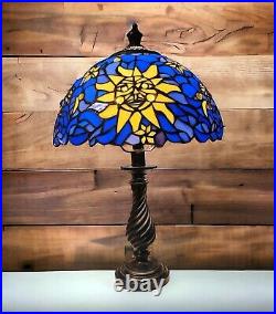 Tiffany Style Stained Glass Sun Moon & Stars Table Lamp 18.5 Tall Hippie Boho