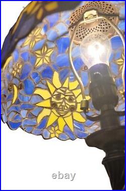 Tiffany Style Stained Glass Sun Moon & Stars Table Lamp 18.5 Tall Hippie Boho