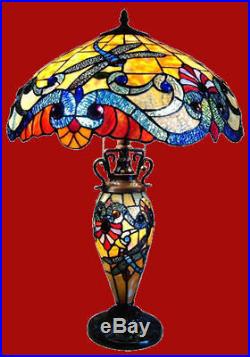 Tiffany Style Stained Glass Table Lamp Lighted Base BEAUTIFUL! Dragonfly Design