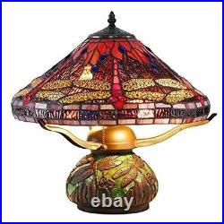 Tiffany Style Stained Glass Table Lamp Red Dragonfly Accent with Mosaic Base
