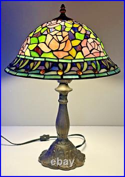 Tiffany Style Stained Glass Table Lamp Rosebush Floral Leaded Jeweled Shade 19