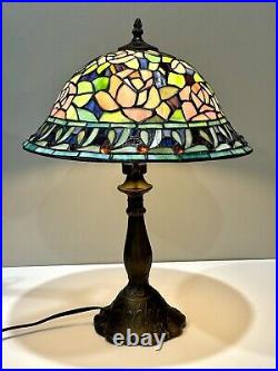 Tiffany Style Stained Glass Table Lamp Rosebush Floral Leaded Jeweled Shade 19